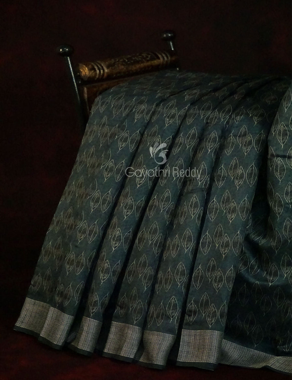 Grey Mixed Indigo Blue Colour Block Print Semi Chanderi Saree By Gayathri Reddy Designer Studio