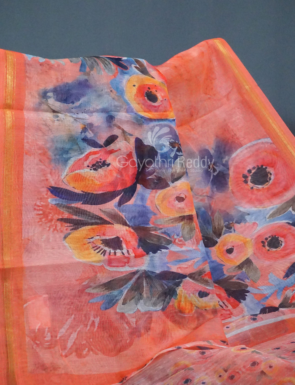 Shades of Tomato Pink Floral Print Semi Chanderi Saree By Gayathri Reddy Designer Studio