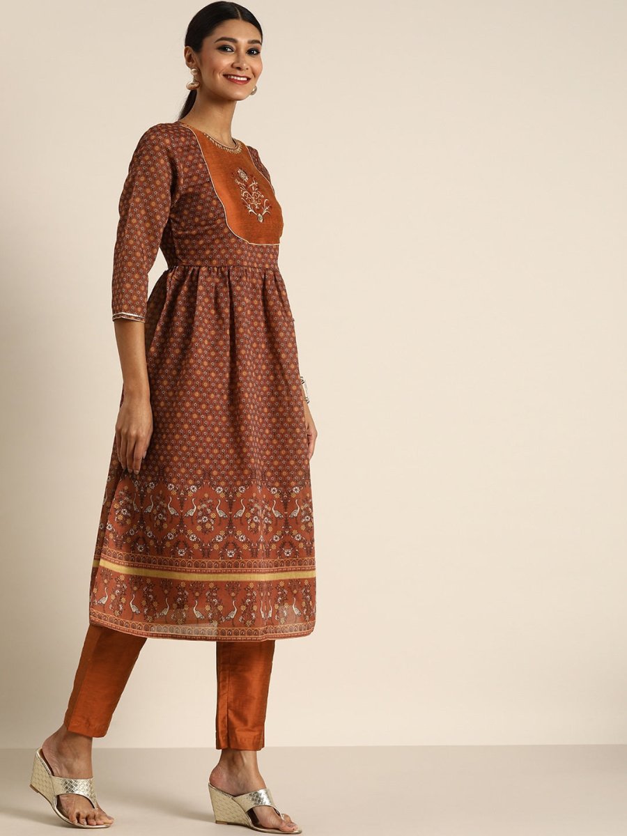 All About You Women Rust Floral Printed Empire Kurta with Trousers