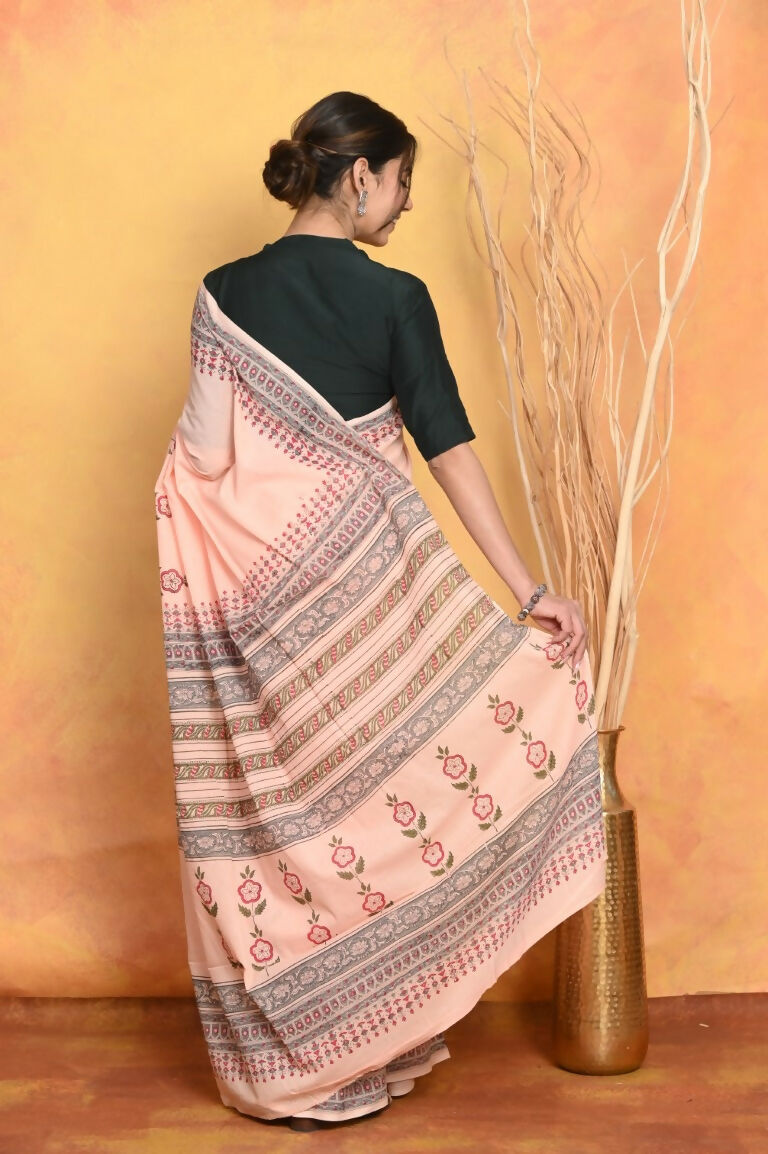 Very Much Indian Handblock Printed Cotton Saree With Natural Dyes - Peach