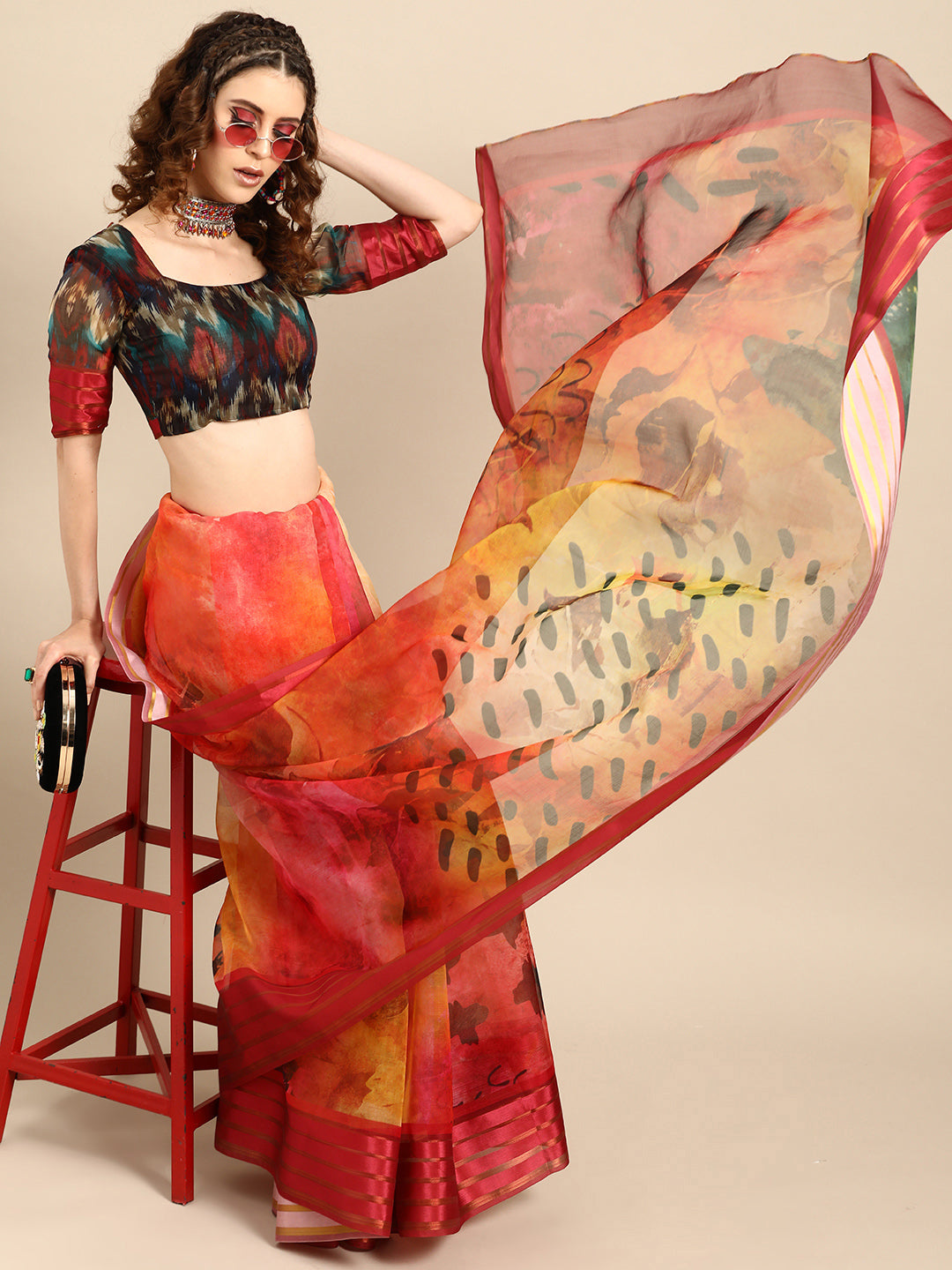 Saree Mall Red & Black Organza Printed Saree
