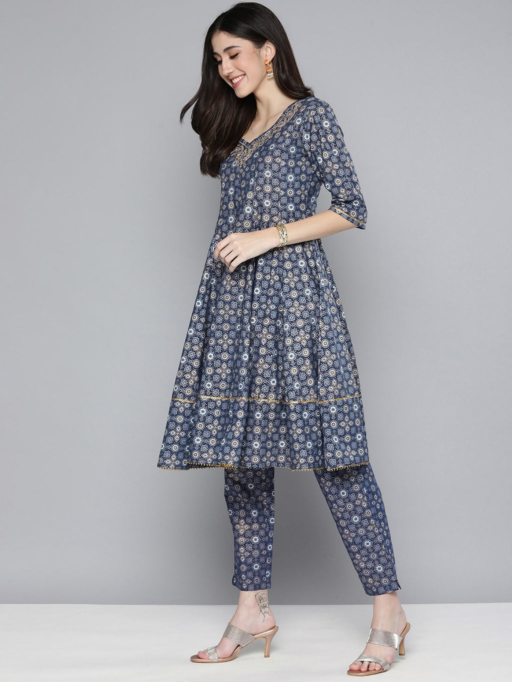 HERE&NOW Ethnic Embroidered & Printed Pure Cotton Anarkali Kurta with Trousers & Dupatta