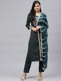 HERE&NOW Women Green Embroidered Straight Kurta with Trousers & With Dupatta