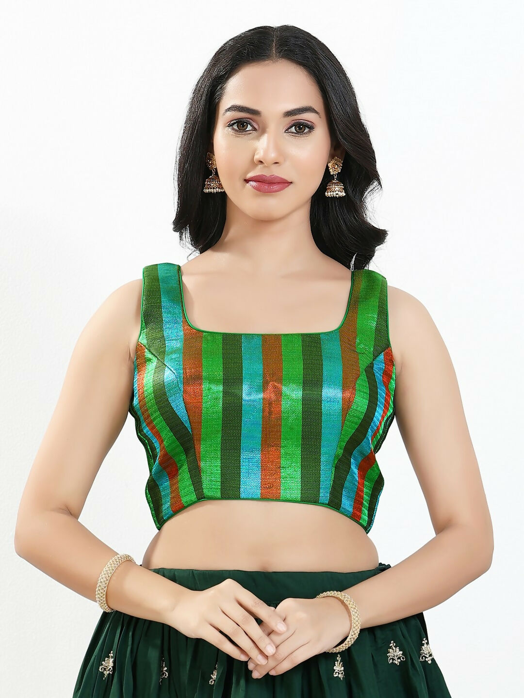 Joban Fashion Green Multi Brocade Padded Blouse With Square Neck Sleeveless