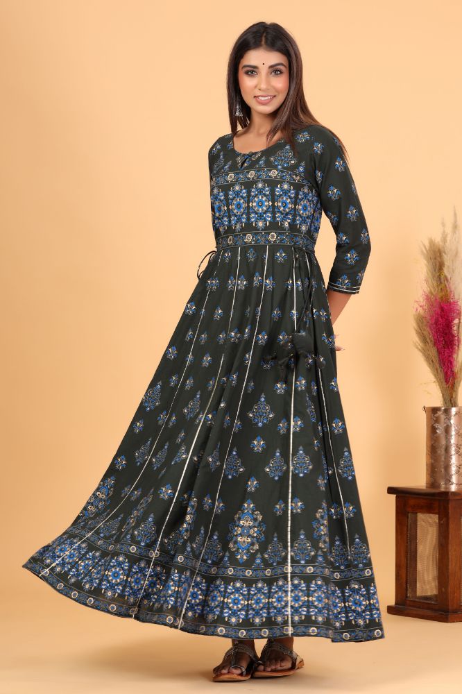 Kaajh Women's Green Gold Print Embellishment Anarkali Kurta