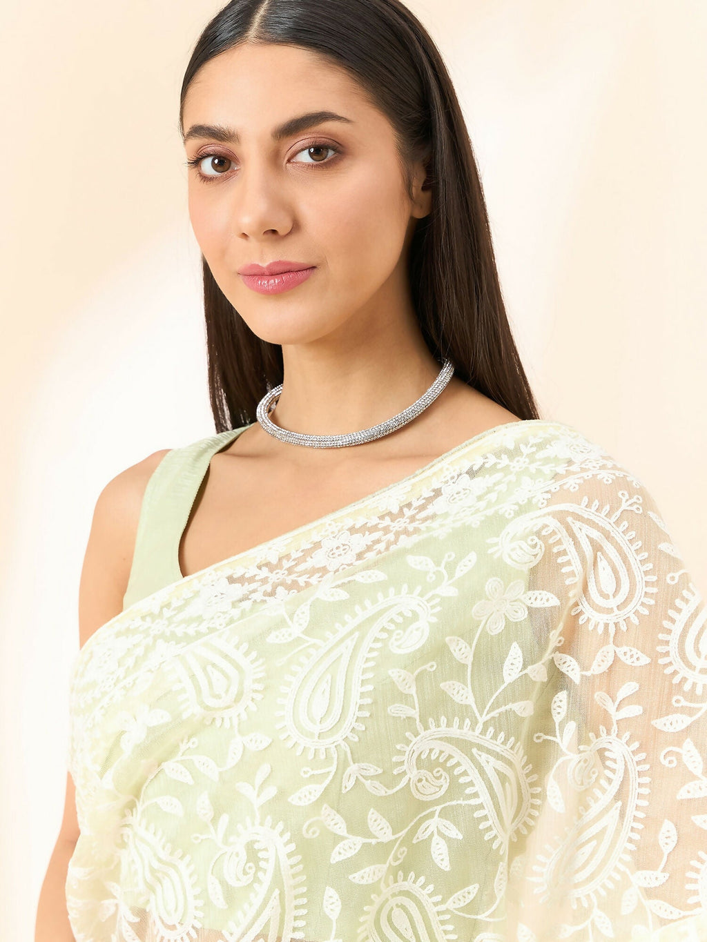Yellow Organza Paisely Embroidered Saree with Unstitched Blouse Piece - Roozal
