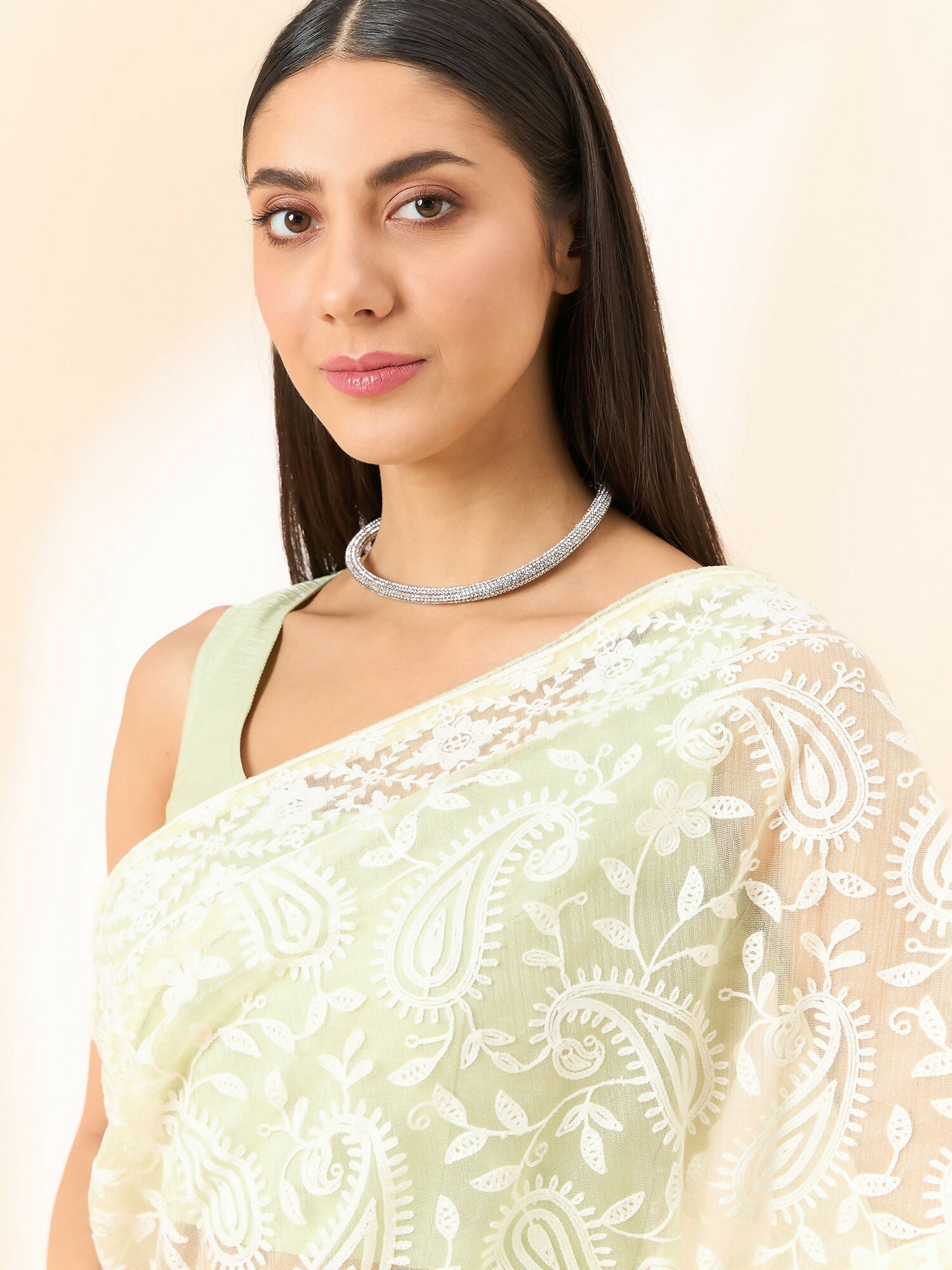 Yellow Organza Paisely Embroidered Saree with Unstitched Blouse Piece - Roozal