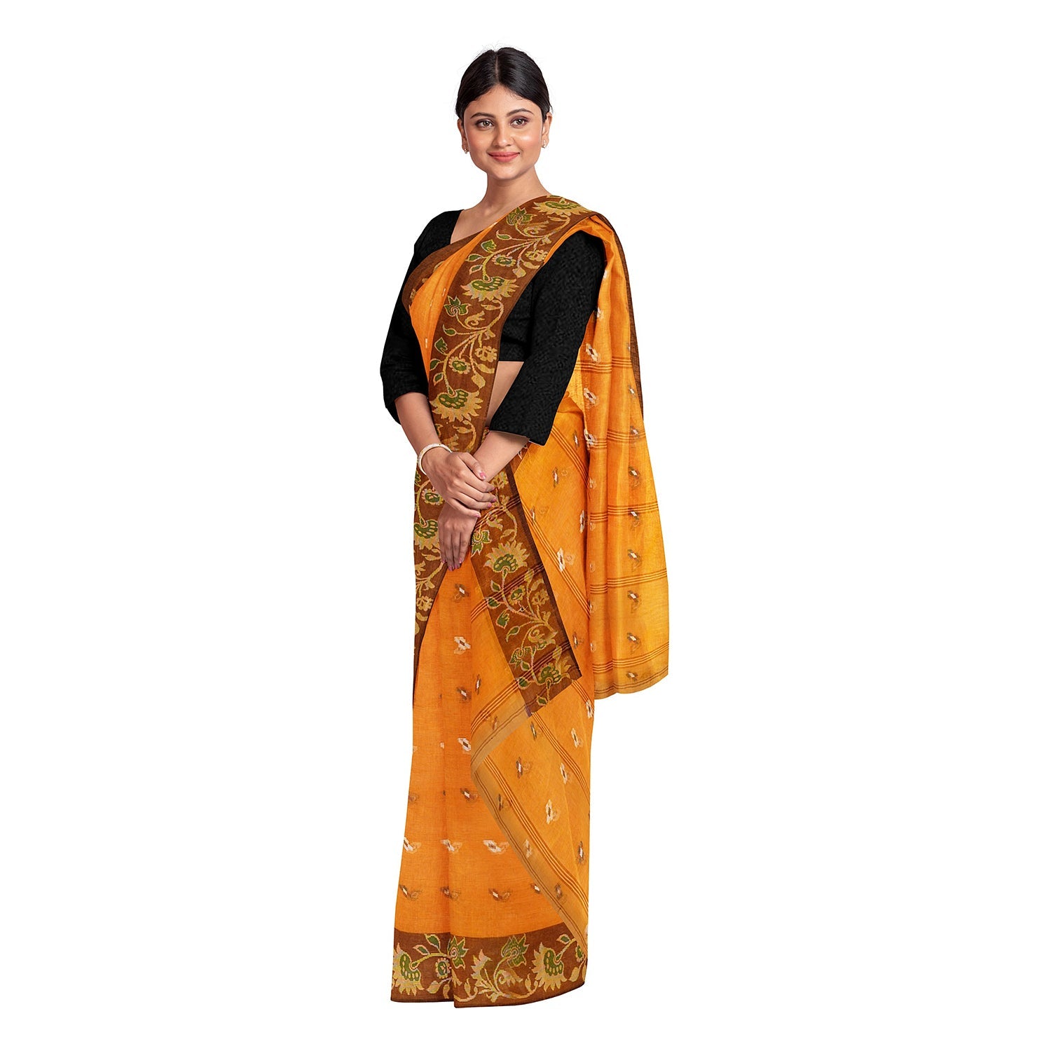Exclusive Collection 100% Pure Cotton Musturd Tant Saree With Hand Weaving Work