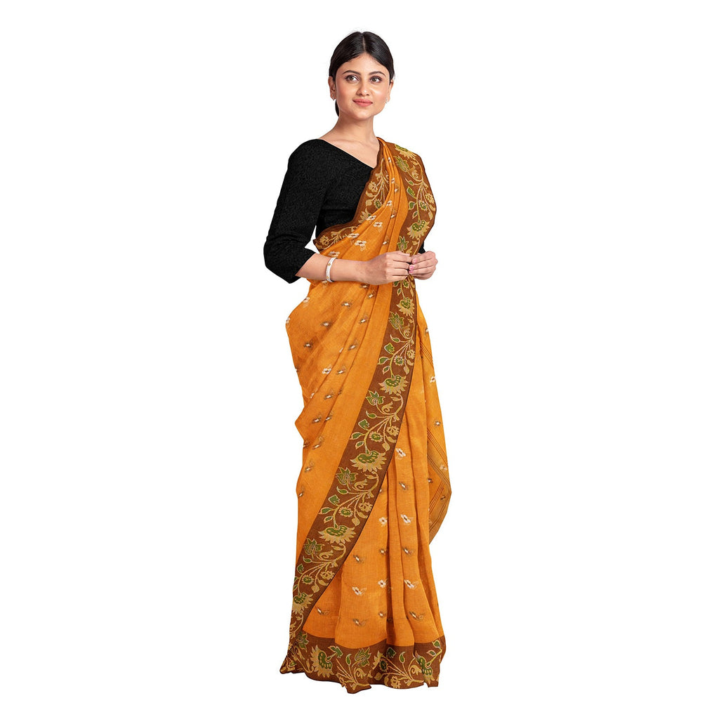 Exclusive Collection 100% Pure Cotton Musturd Tant Saree With Hand Weaving Work