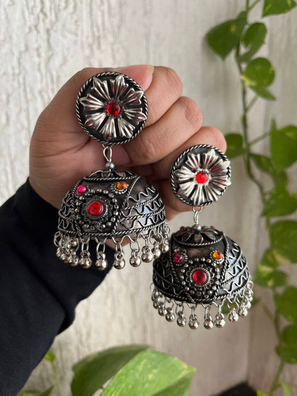 Tehzeeb Creations Women's Oxidised Bareilly Wali Jhumki With Multi Kundan