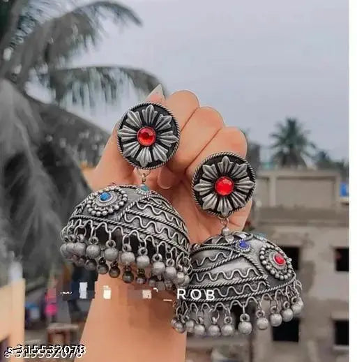 Tehzeeb Creations Women's Oxidised Bareilly Wali Jhumki With Multi Kundan