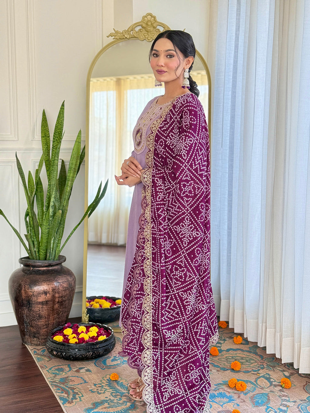 The52 Women's Lavender Embroidered Viscose Fabric Straight Kurta, Pant and Dupatta Set