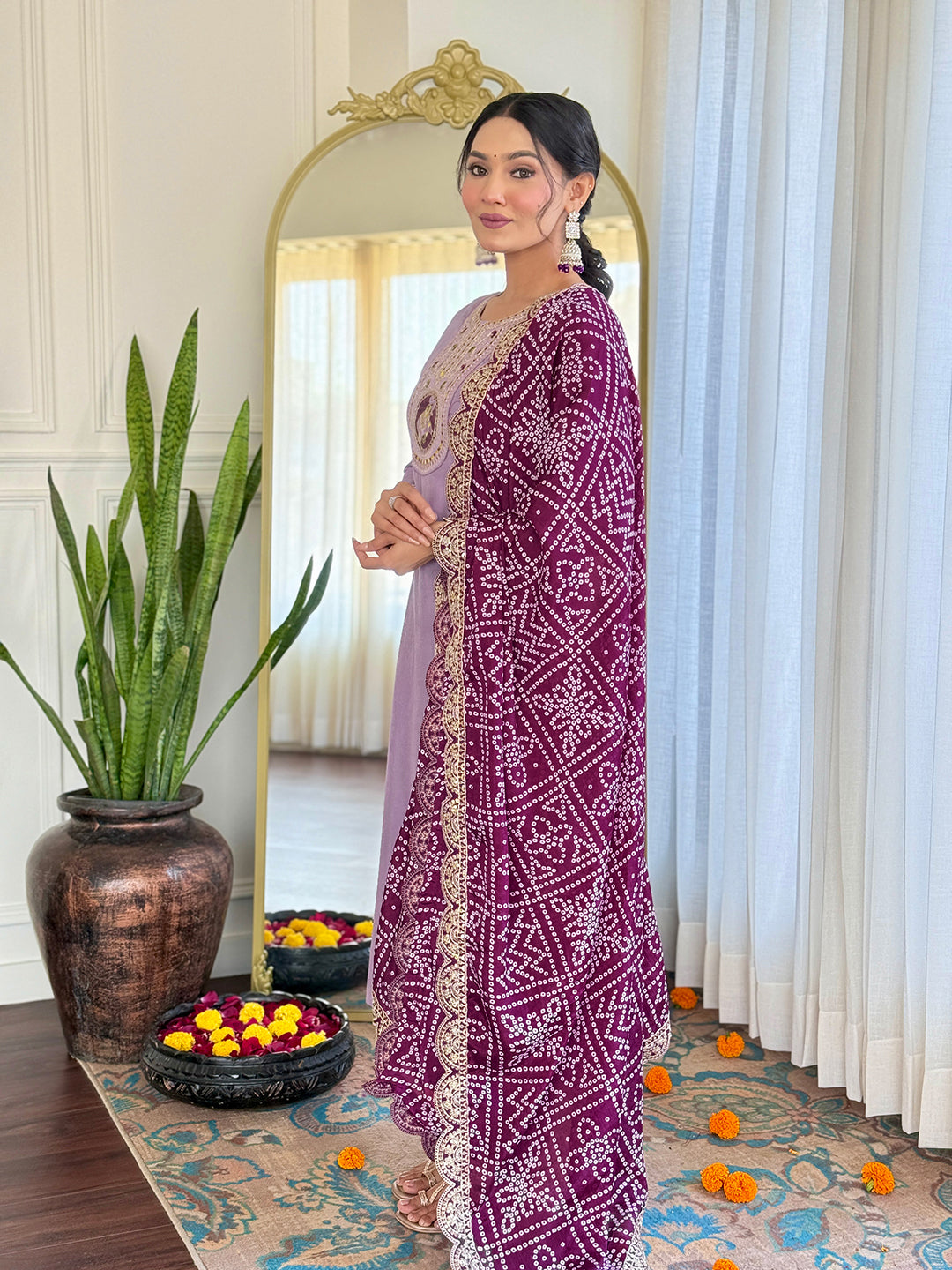 The52 Women's Lavender Embroidered Viscose Fabric Straight Kurta, Pant and Dupatta Set