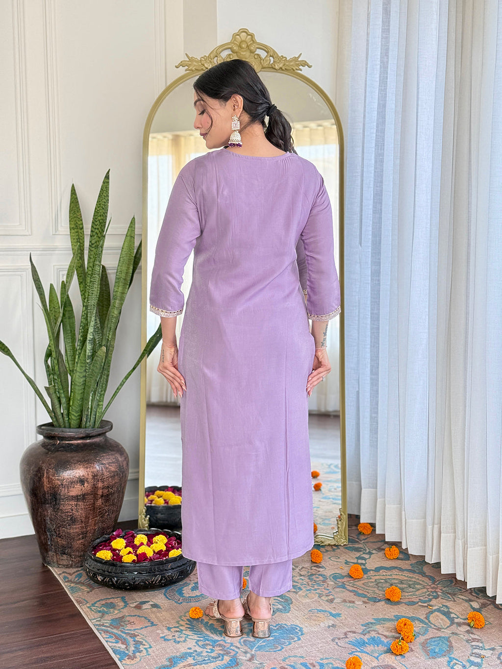 The52 Women's Lavender Embroidered Viscose Fabric Straight Kurta, Pant and Dupatta Set