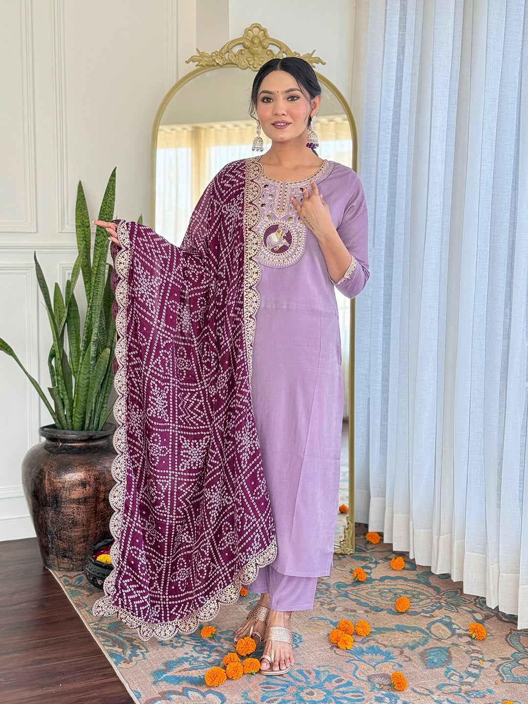 The52 Women's Lavender Embroidered Viscose Fabric Straight Kurta, Pant and Dupatta Set