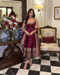 Yash Enterprise Maroon Vichitra Silk Embroidery Party Wear Uit Set