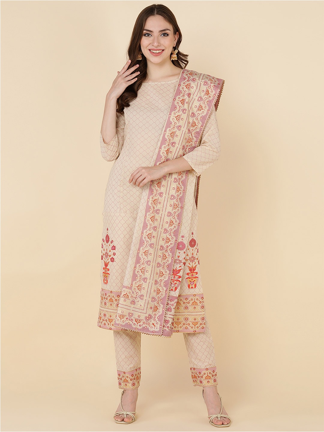 HERE&NOW Women Beige Ethnic Motifs Printed Pure Cotton Kurta with Trousers & Dupatta