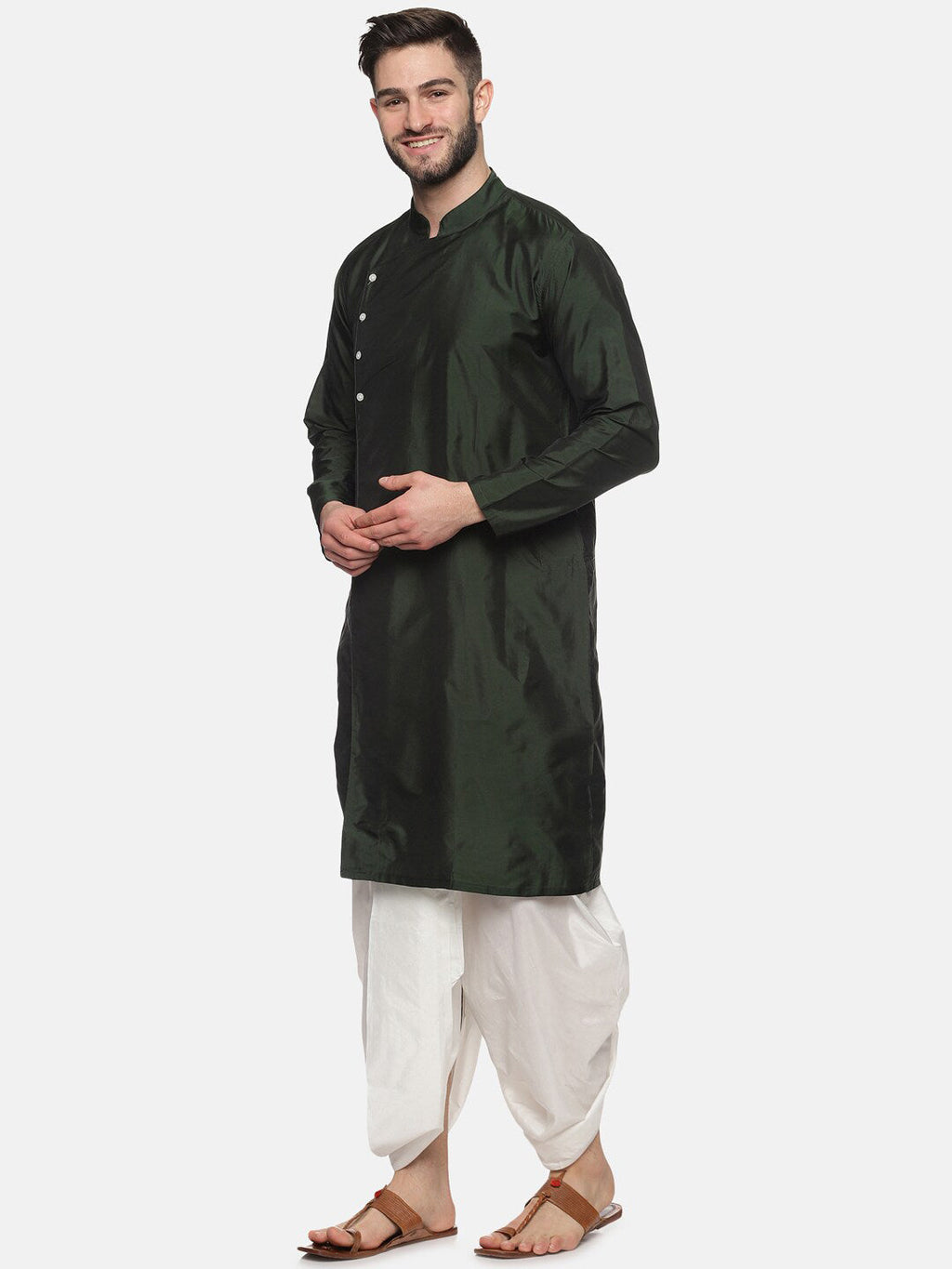 Sethukrishna Men Green Angrakha Kurta with Dhoti Pants
