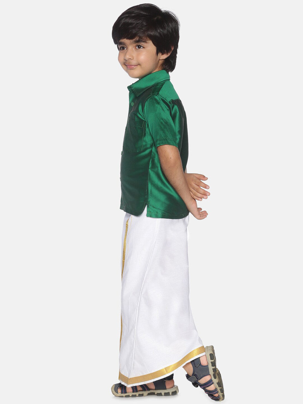 Sethukrishna Boys Green & White Solid Shirt and Dhoti Set