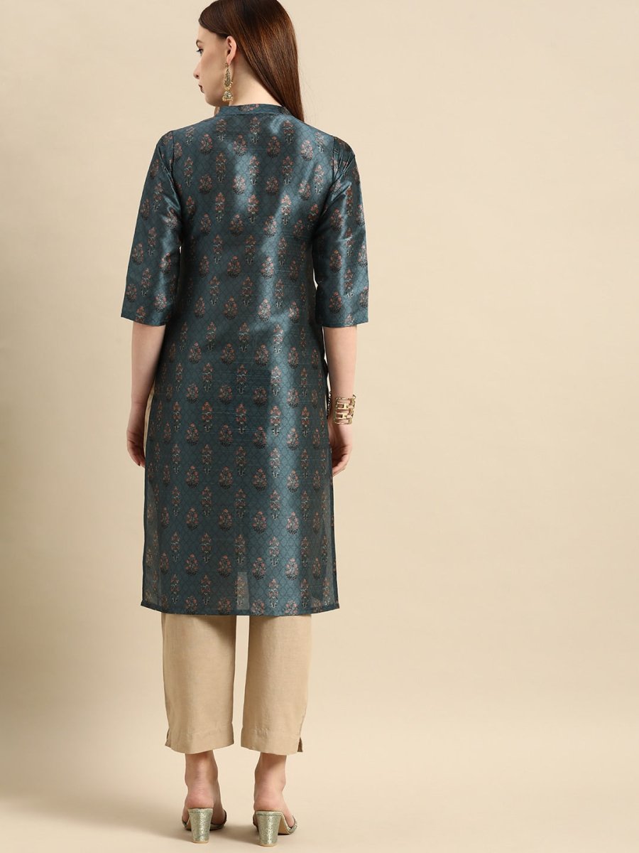 All About You Women Teal Blue Floral Block Print Mandarin Collar Chanderi Silk Blend Kurta