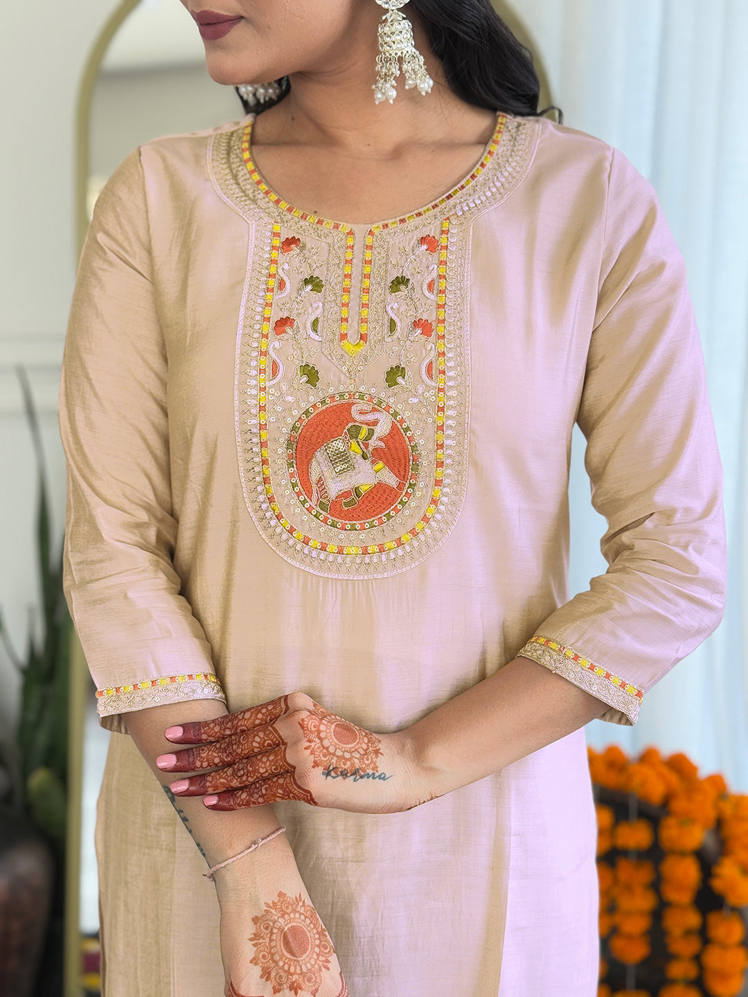 The52 Women's Chiku Embroidered Viscose Fabric Straight Kurta, Pant and Dupatta Set