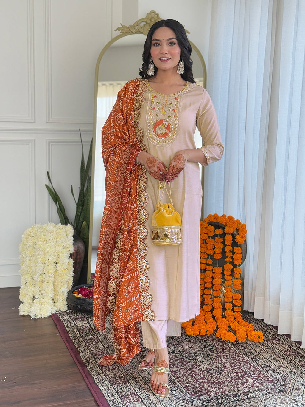 The52 Women's Chiku Embroidered Viscose Fabric Straight Kurta, Pant and Dupatta Set