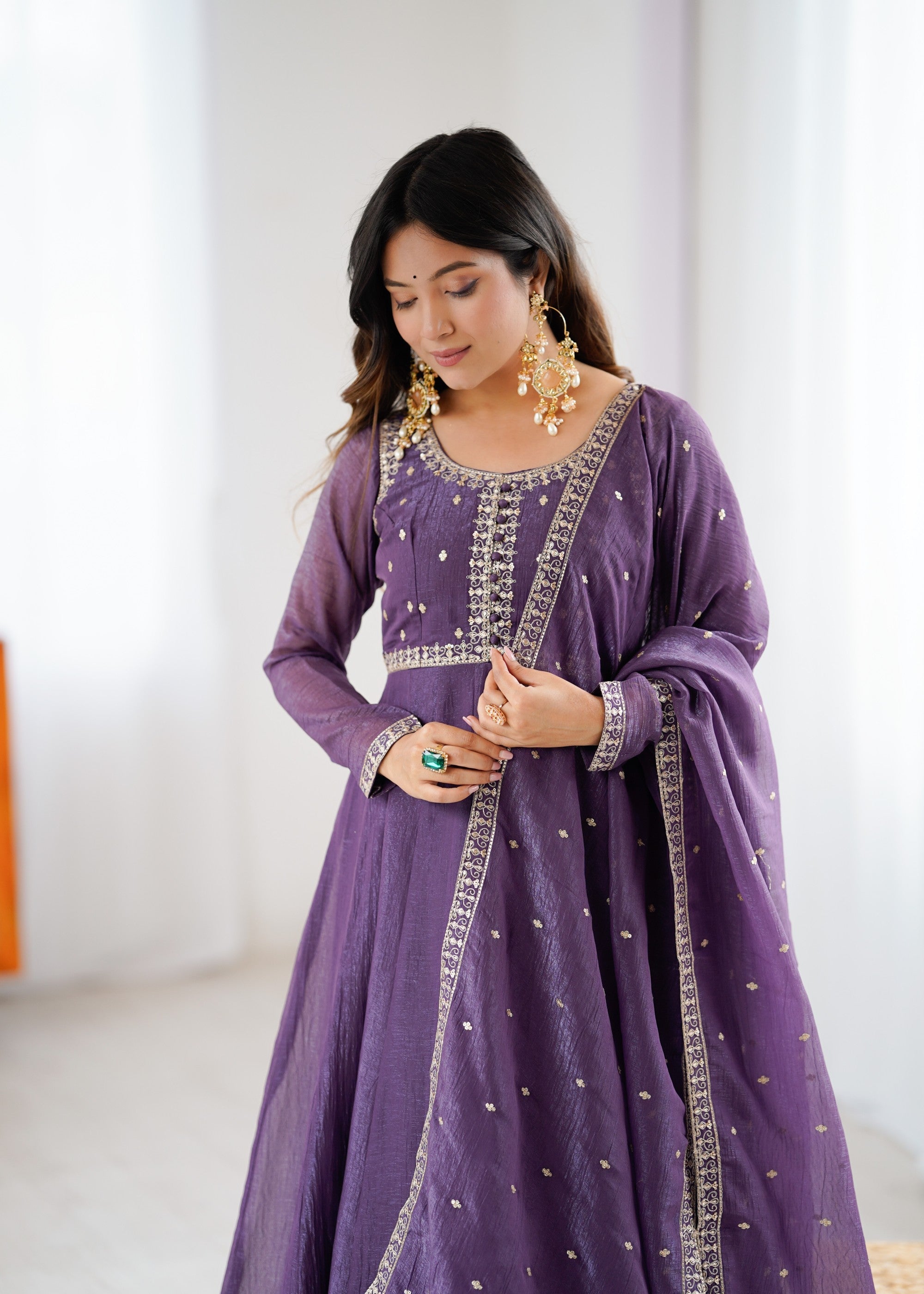 Lorenvalley Fashion Lavender Pure Crunchy Silk Embroidery Sequence Dori and zari Work Anarkali Gown Pant with Dupatta Set
