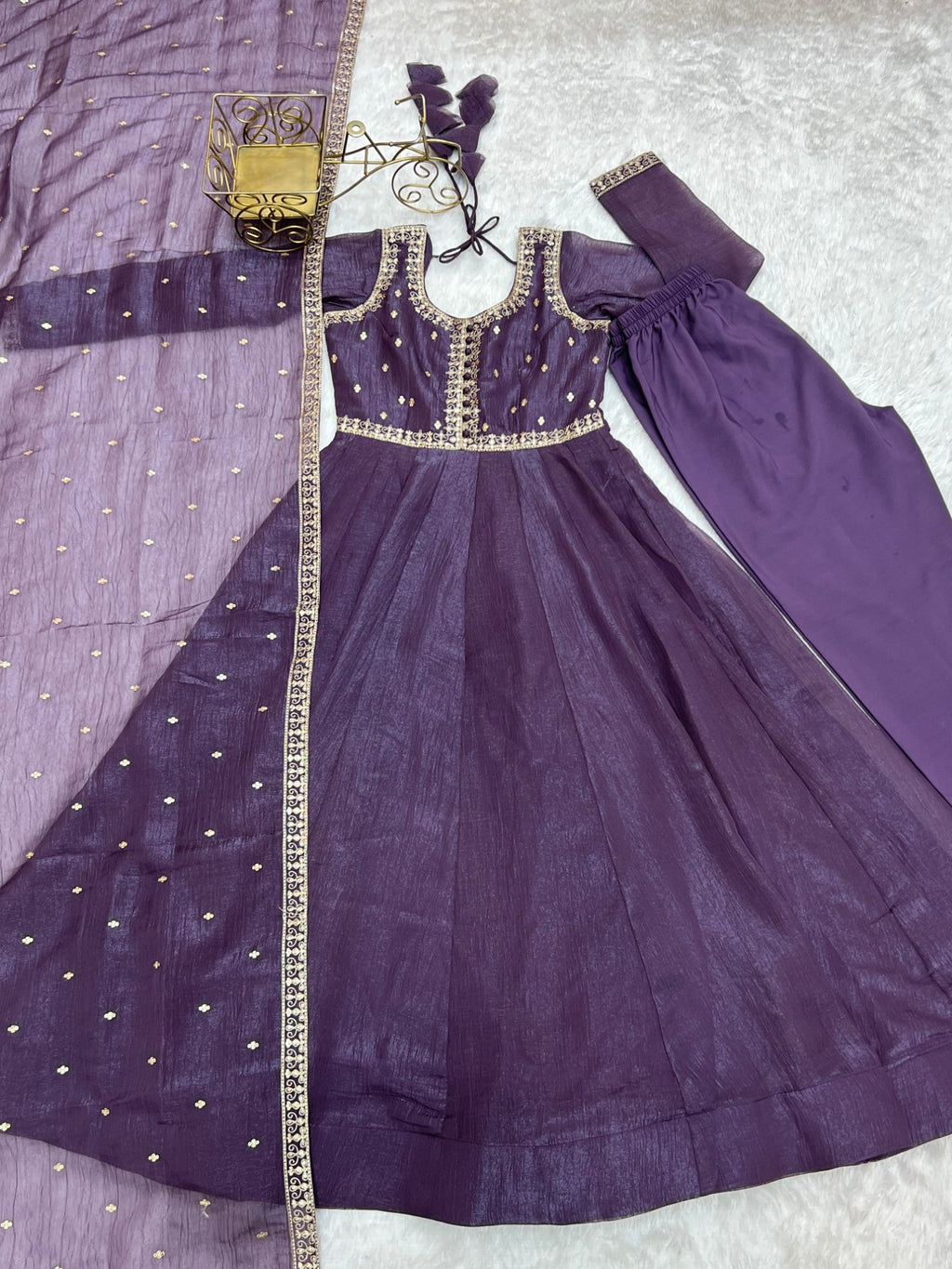 Lorenvalley Fashion Lavender Pure Crunchy Silk Embroidery Sequence Dori and zari Work Anarkali Gown Pant with Dupatta Set