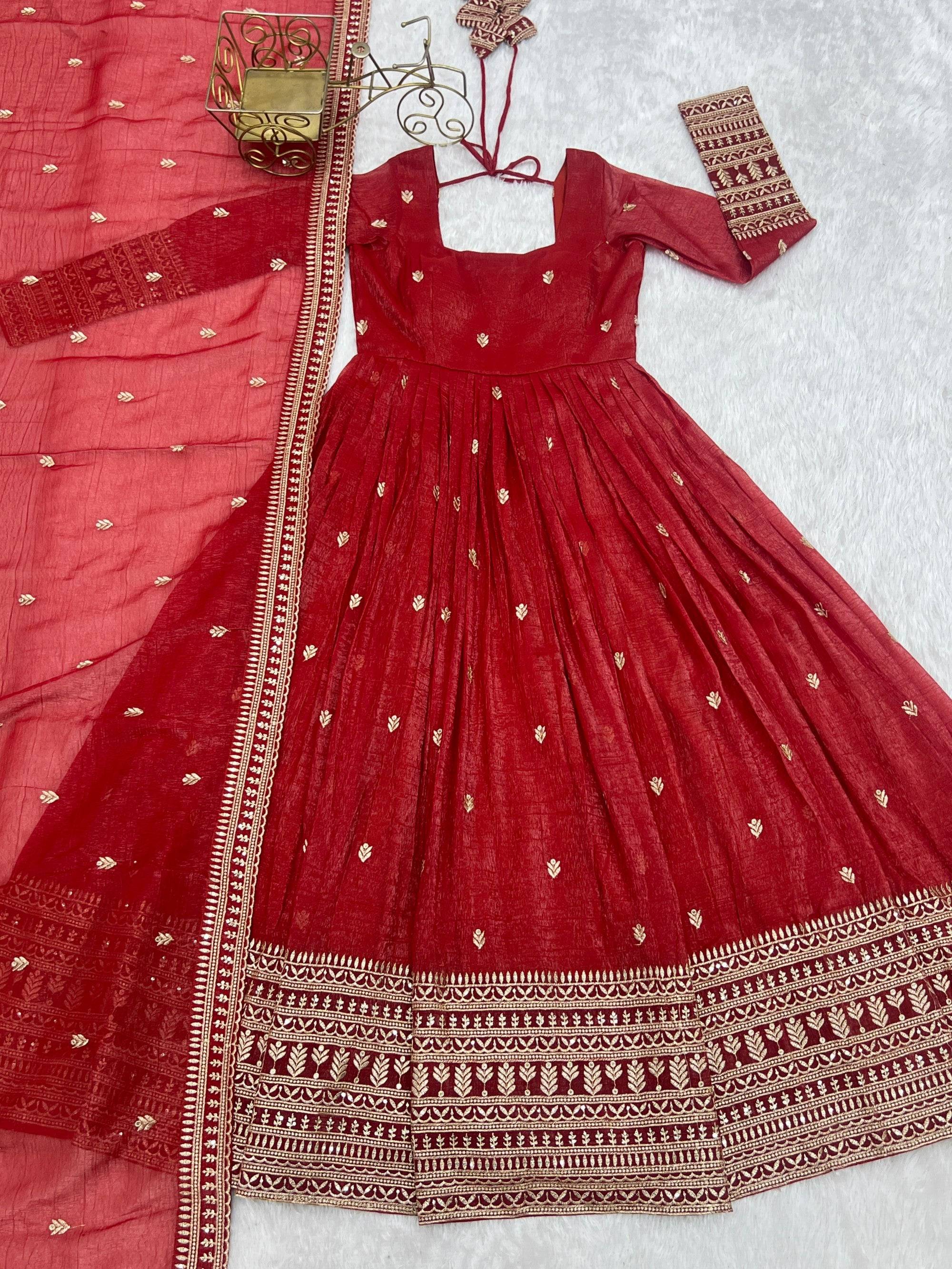 Lorenvalley Fashion Rust Crunchy Silk Embroidery Jari and Sequence Work Anarkali Gown with Dupatta