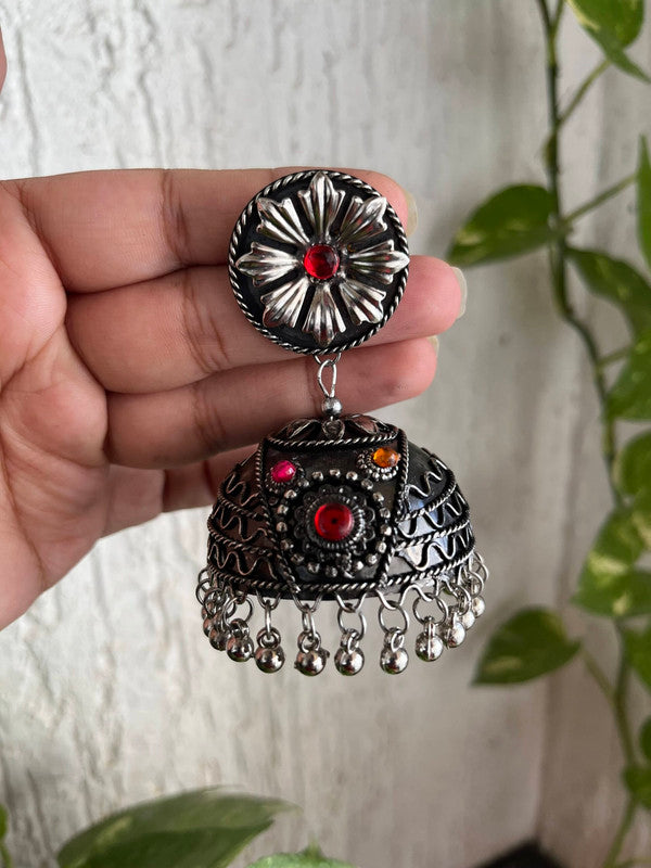 Tehzeeb Creations Women's Oxidised Bareilly Wali Jhumki With Multi Kundan