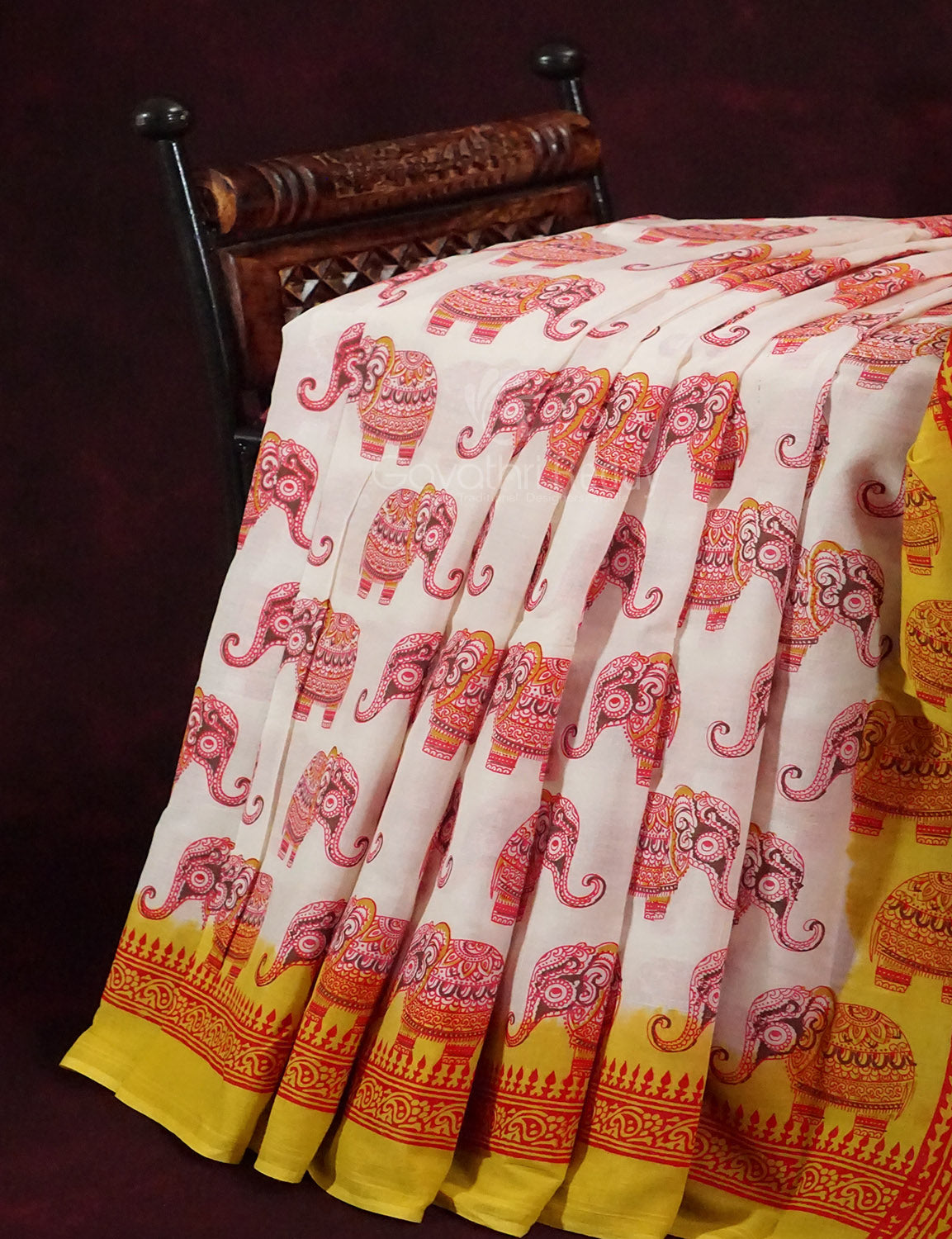 White Colored Elephant Block Print Pure Mulmul Cotton By Gayathri Reddy Designer Studio
