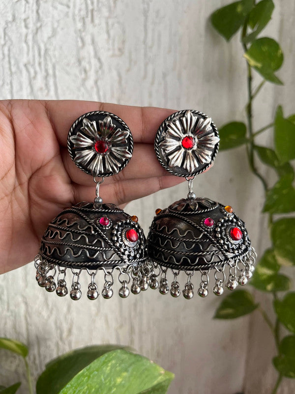 Tehzeeb Creations Women's Oxidised Bareilly Wali Jhumki With Multi Kundan