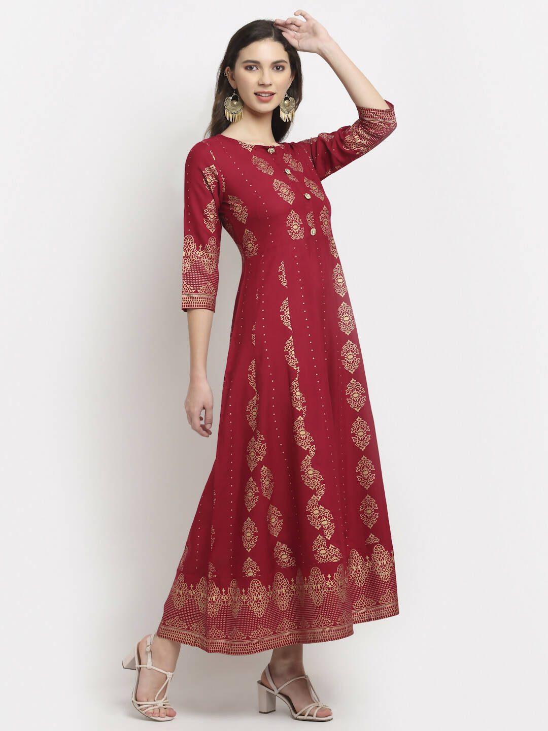 Rudra Bazaar Gold Printed Flared Anarkali Maroon kurti