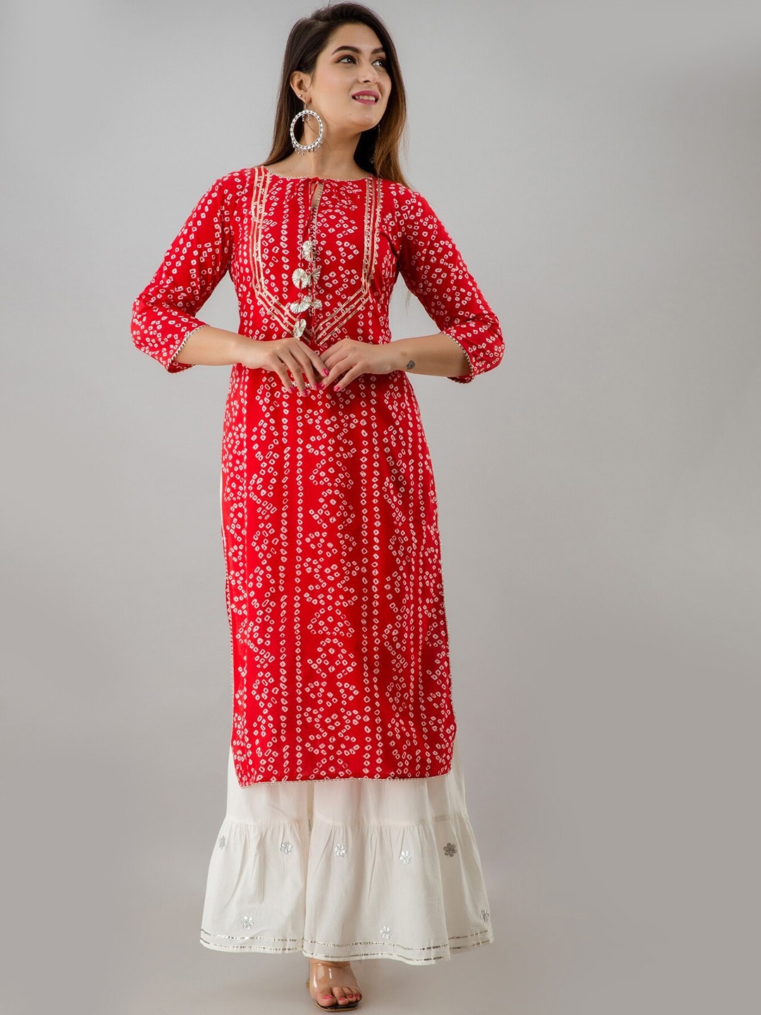 HERE&NOW Red & White Bandhani Printed Gotta Patti Straight Kurta