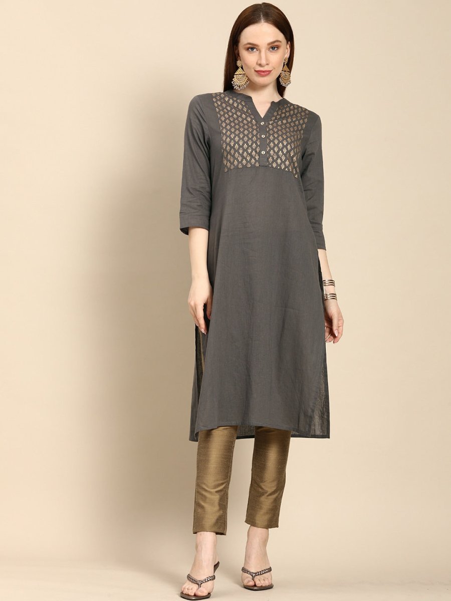 All About You Women Grey Ethnic Motifs Yoke Design Pure Cotton Kurta