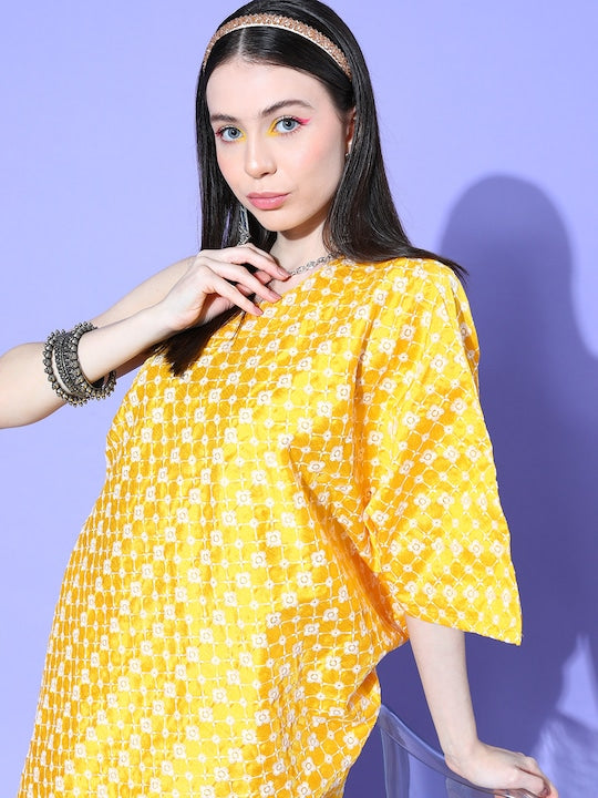 InWeave Women's Light Yellow Mirror Work Oneshoulder Kurta Set