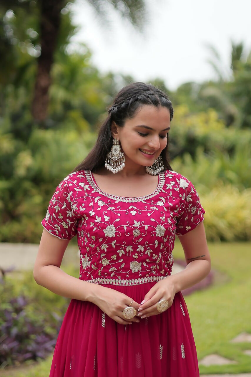 Vastranavya Premium Designer Faux Blooming with Embroidery Zari Sequins work Gown - Pink