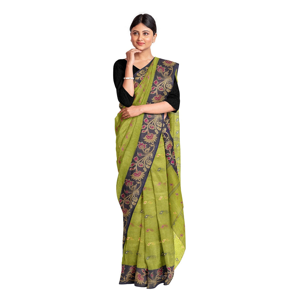 Exclusive Collection 100% Pure Cotton Light Green Tant Saree With Hand Weaving Work