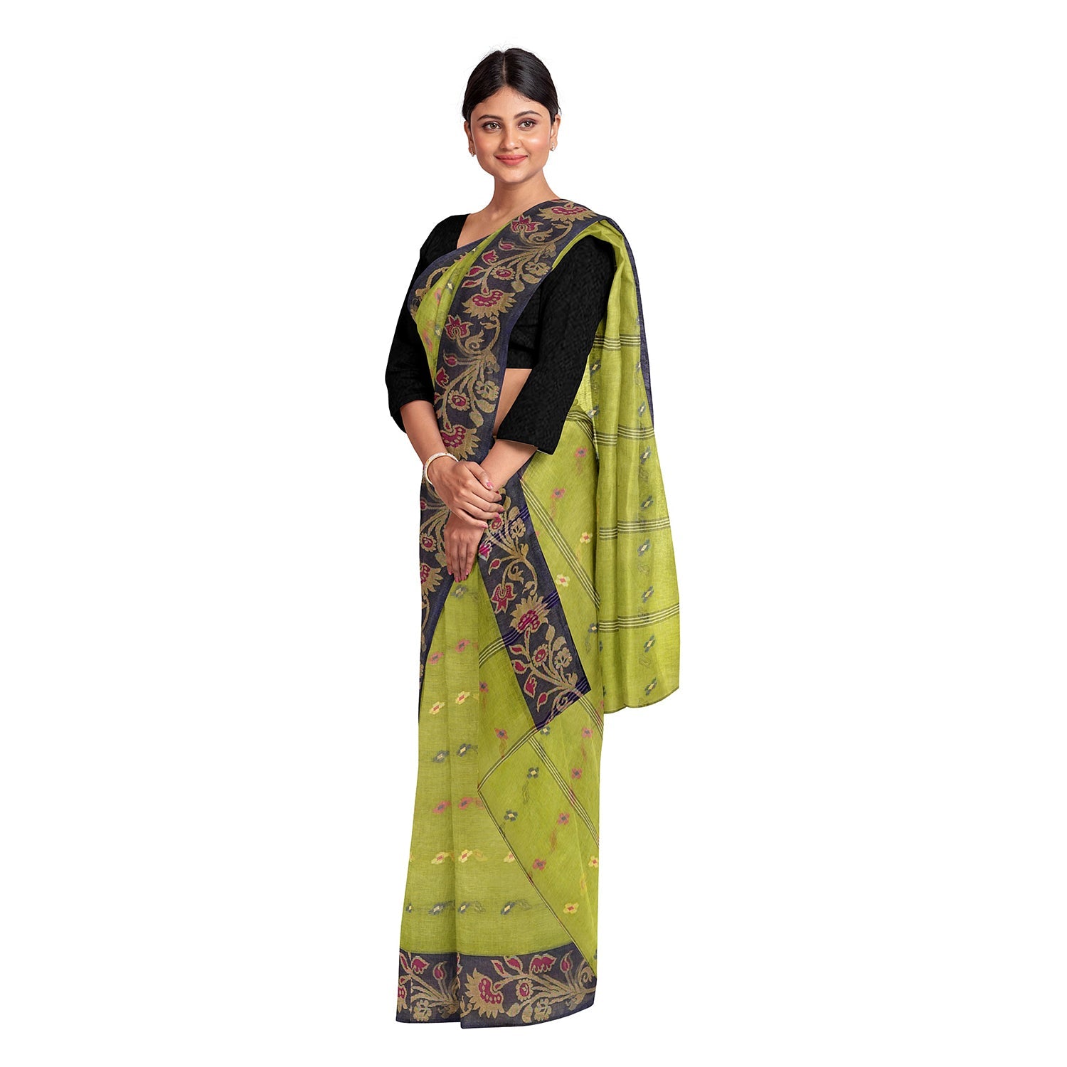 Exclusive Collection 100% Pure Cotton Light Green Tant Saree With Hand Weaving Work