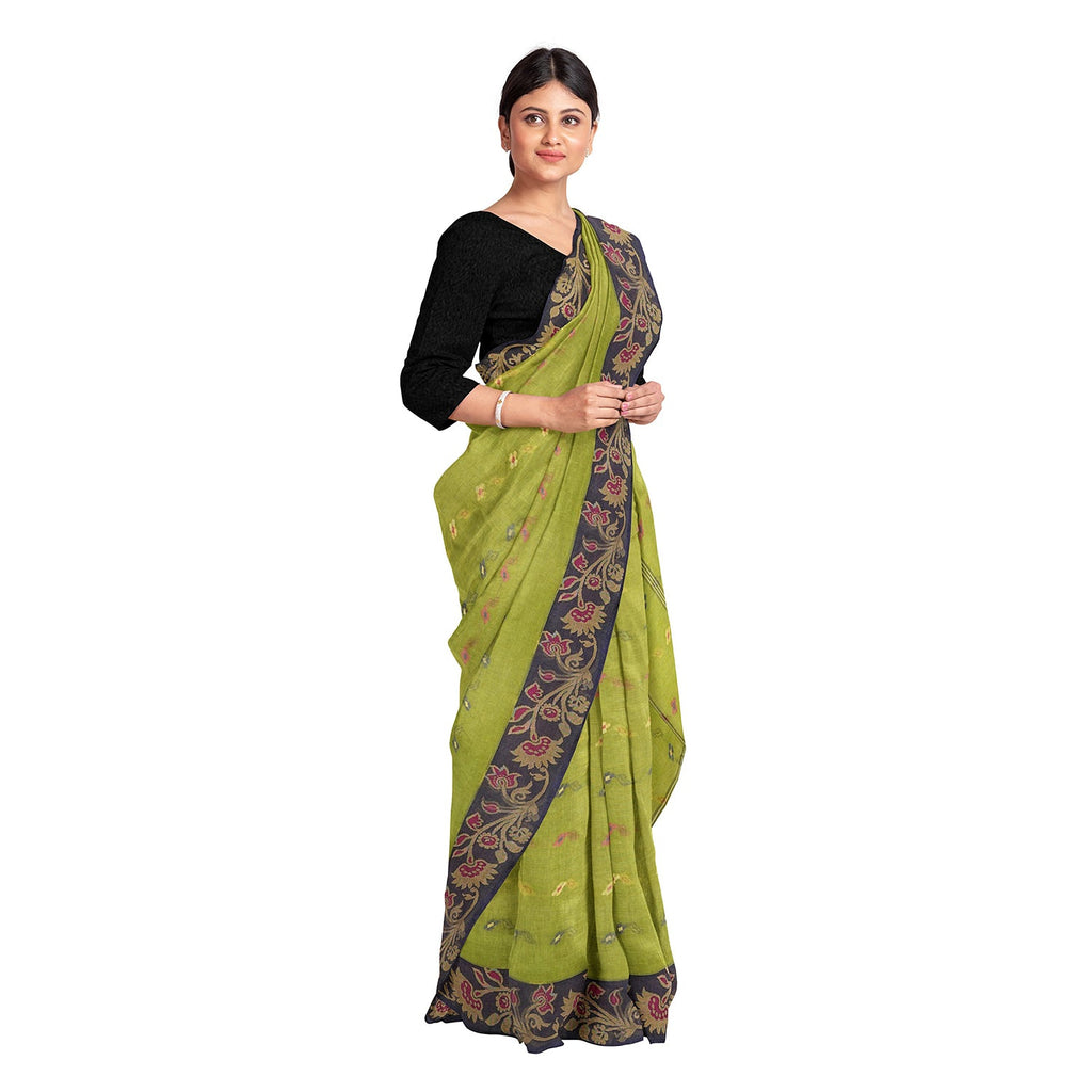 Exclusive Collection 100% Pure Cotton Light Green Tant Saree With Hand Weaving Work