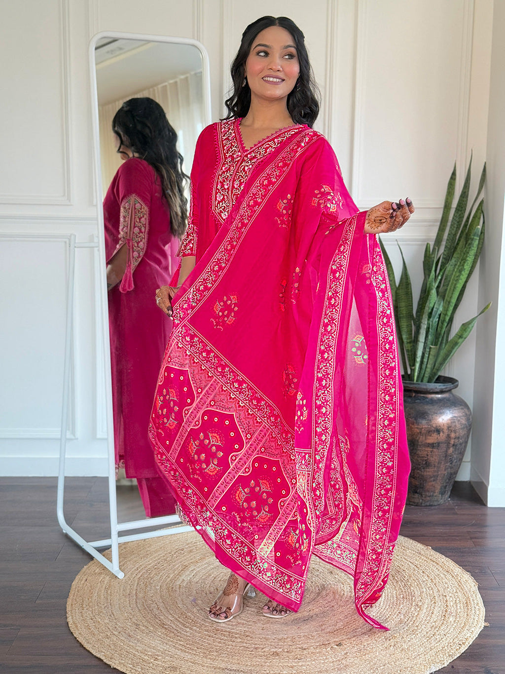 The52 Beautiful Women's Thread work Viscose Fabric Straight Kurta, Pant and Dupatta Set