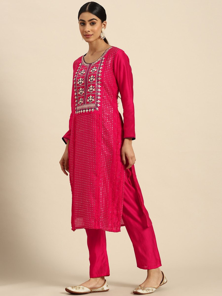 All About You Ethnic Motifs Embroidered Chanderi Silk Kurta with Trousers & With Dupatta