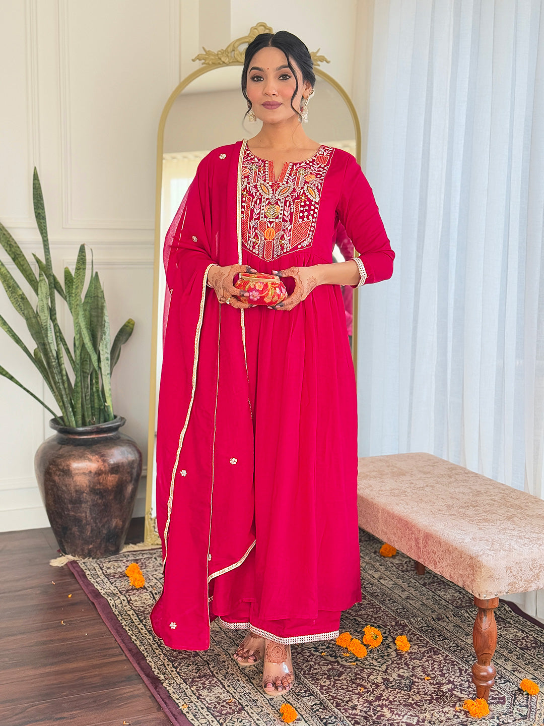 The52 Women's Red Thread work Vichitra Silk Fabric Straight Kurta, Pant and Dupatta Set