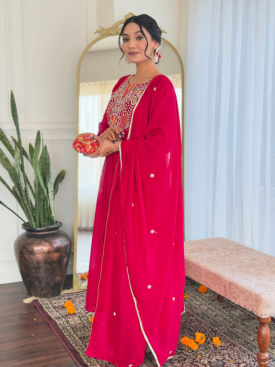 The52 Women's Red Thread work Vichitra Silk Fabric Straight Kurta, Pant and Dupatta Set