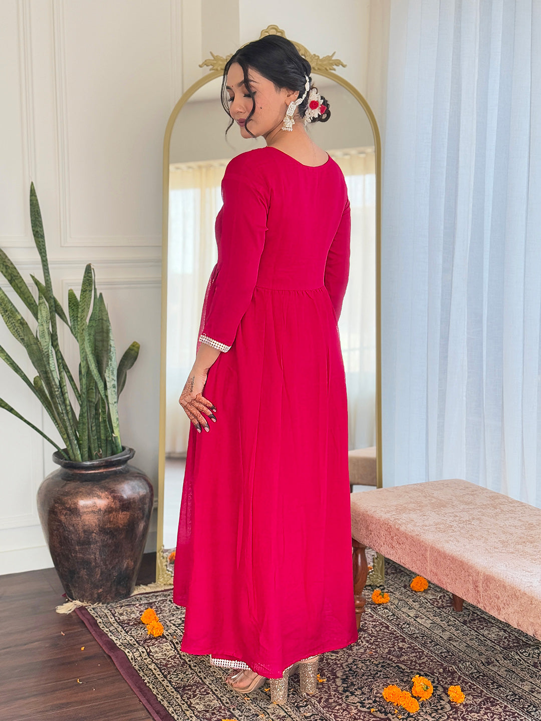 The52 Women's Red Thread work Vichitra Silk Fabric Straight Kurta, Pant and Dupatta Set