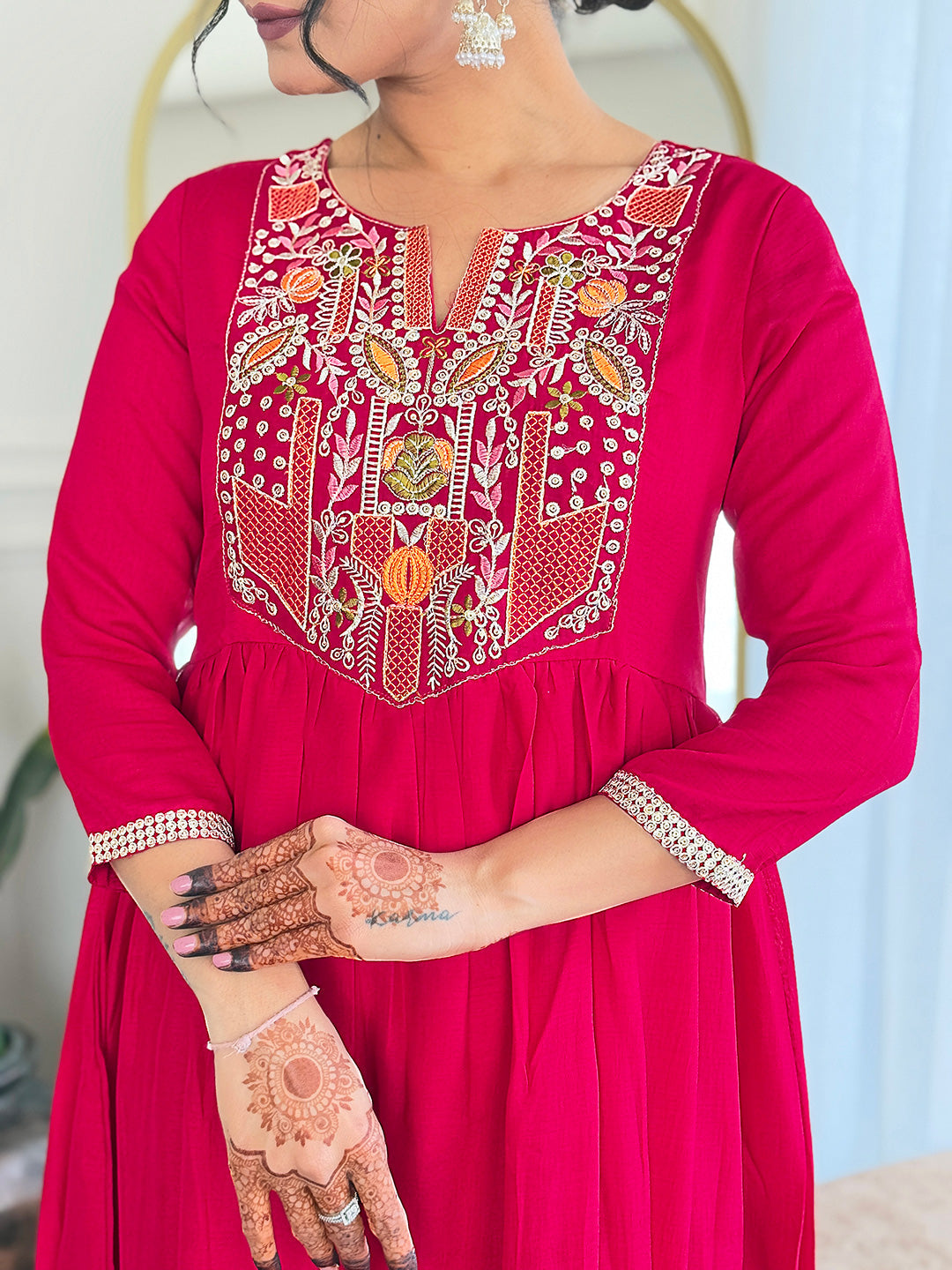 The52 Women's Red Thread work Vichitra Silk Fabric Straight Kurta, Pant and Dupatta Set