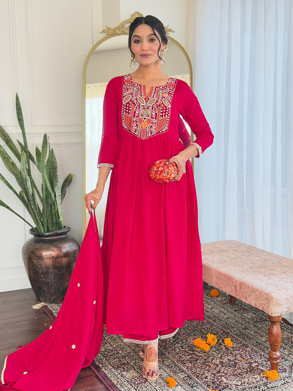 The52 Women's Red Thread work Vichitra Silk Fabric Straight Kurta, Pant and Dupatta Set