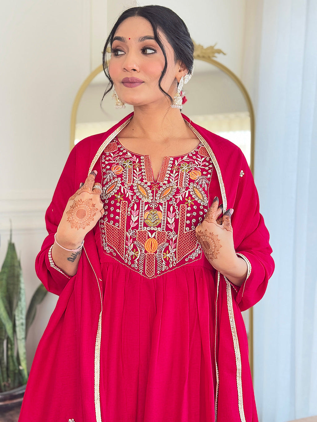 The52 Women's Red Thread work Vichitra Silk Fabric Straight Kurta, Pant and Dupatta Set