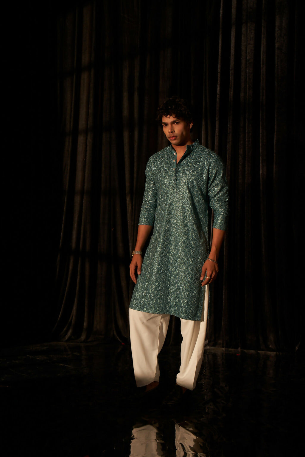 Cyan Blue Viscose Chikankari Embroidery Work Men's Kurta Set - Mahotsav