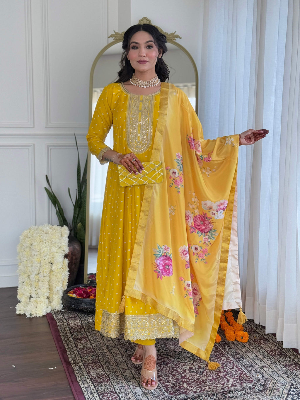 The52 Women's Beautiful Art Silk Embroidered Flared Kurta with Pant And Dupatta Set